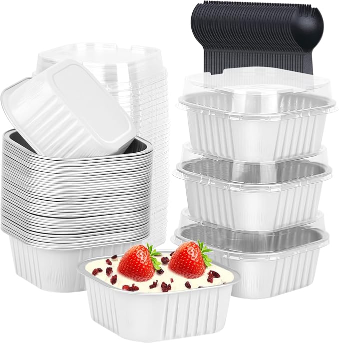 LNYZQUS 10oz Mini Cake Pans with Lids, Small Cinnamon Roll Containers | 40 Pack, White, Disposable, Aluminum Foil, Individual Baking Tins, 4 Inch Square Dessert Cups for Bake Sale Treats