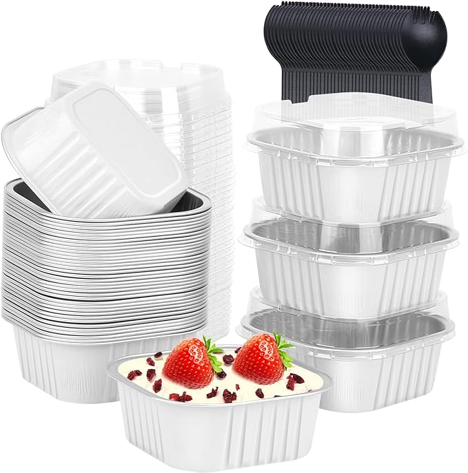 LNYZQUS 5oz Mini Cake Tins with Lids and Spoons, Disposable Brownie Pans | 40 Pack, Aluminum Foil, Square Cupcake Baking Cups, Individual Dessert Containers for Kids Party, White