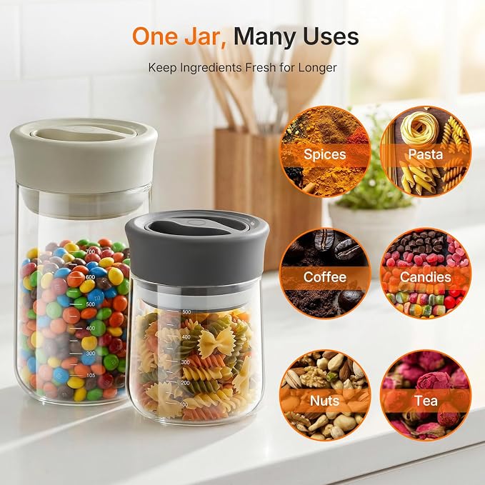 Airtight Glass Jar with Lid, Twist-Seal for Coffee Bean, 27 fl oz | Wide Mouth Coffee Storage Container With Scale, Clear Borosilicate, Easy Open/Clean, Lock Freshness for Grounds, Flour, Nuts