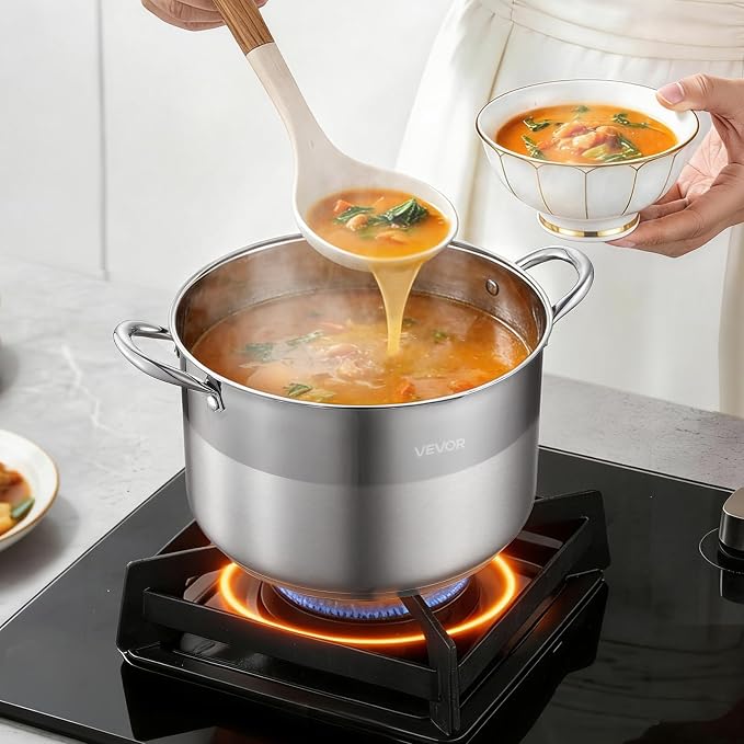 VEVOR Stainless Steel Stock Pot, 12QT Stainless Steel Stockpot with Glass Lid, PFOA-Free, PFAS-Free, Compatible with Gas Stoves, Induction Cooktops, Electric Stoves, for Soups, Stews, and Pasta