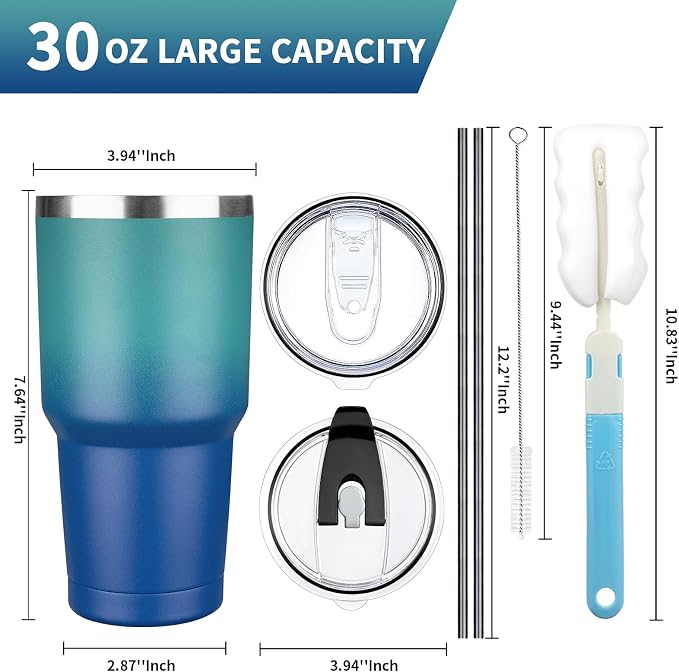 30 oz Tumbler with Lids and Straws, Stainless Steel Insulated Coffee Tumbler, Double Wall Vacuum Insulated Travel Mug Cup, Leakproof Thermal Coffee Cup for Hot and Cold Drinks (dark green blue)