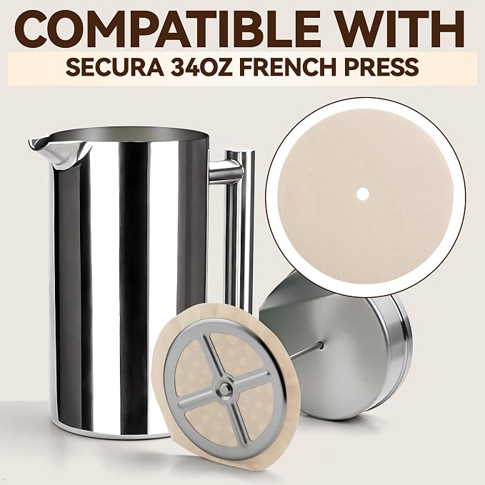 100 Pcs Disposable Paper Coffee Filters for Secura French Press 34 Oz | Perforated Unbleached Filter Paper, No Extra Paper Taste, Boost Balanced Coffee Extraction, Biodegradable Material