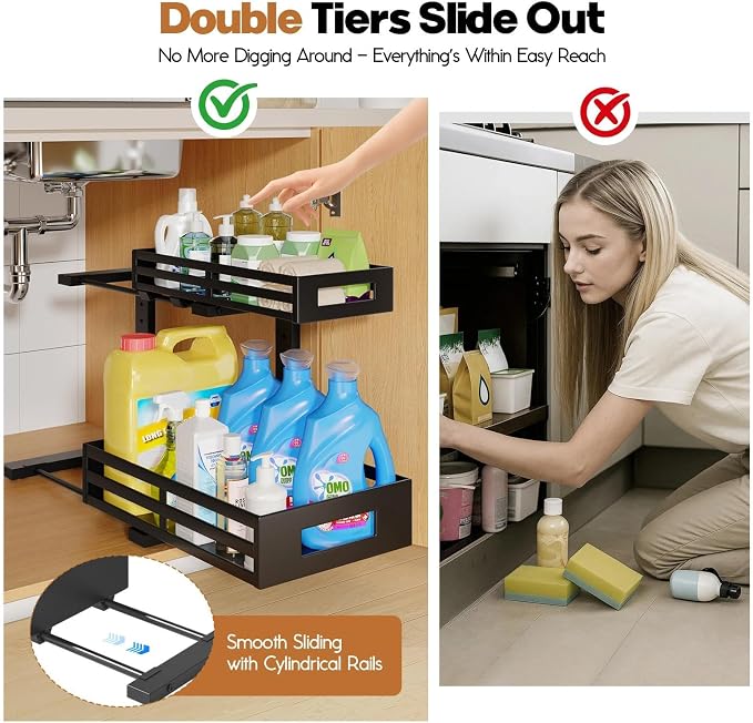 2-Pack Under Sink Organizer and Storage,2-Tier L Shape Pull Out Cabinet Organizer With Round Tube Slide Rails,Hight Adjustable Slide Out Drawers for Kitchen&Bathroom,Multi-Purpose Shelf-Black