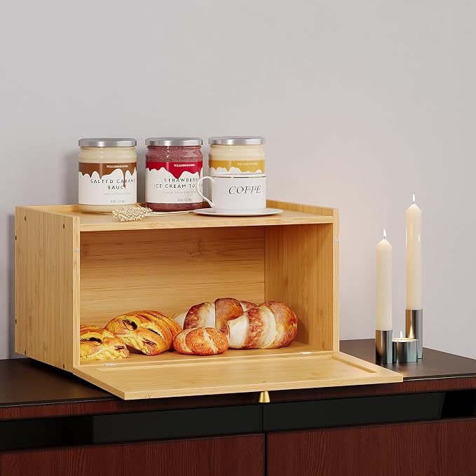 Trironsun Rattan Bamboo Bread Box for Kitchen Counter Large Capacity Bread Storage Bin Farmhouse Bread Storage Container Rustic Bread Holder (Natural Bamboo)
