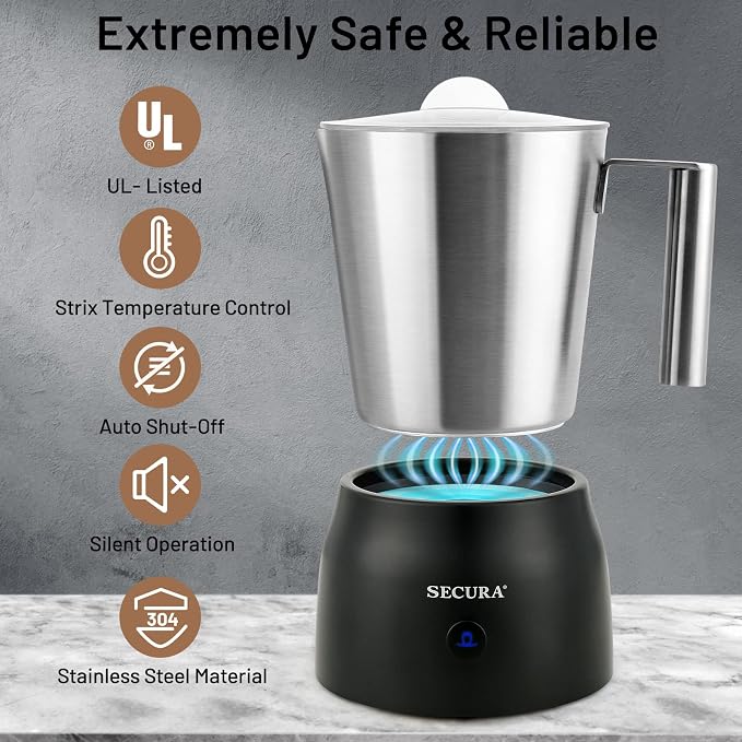 Secura Detachable Milk Frother, 17oz Electric Milk Steamer Stainless Steel, Automatic Hot/Cold Foam and Hot Chocolate Maker with 2 in 1 Function Whisks (Upgraded) | Stainless Steel Jug, Teflon & BPA-Free Design, Dishwasher-Safe, 4-in-1 Foam Maker, Hot ...