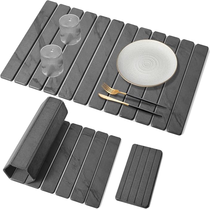 Large Stone Dish Drying Mat for Kitchen Counter, Quick Dry Dish Drying Mats, Foldable Absorbent Diatomaceous Earth Mats for Dishes Bottles Cup, Match Any Countertop (Gray Marble 28"×16" & 8"x4")