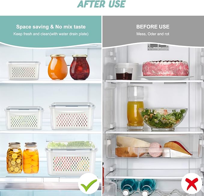 8 Pieces Fruit Storage Container for Fridge with Removable Colander | 4Pack Plastic Fruit Containers for Fridge, Container for Fruit Berry Salad Lettuce, BPA Free Kitchen Refrigerator Organizers