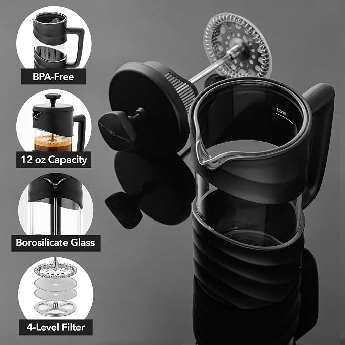 OVENTE 12oz French Press Coffee Maker with 4-Level Filtration, Black FPW12B | Heat-Resistant Borosilicate Glass Cafetiere, Dishwasher Safe Stainless Steel Filter, Compact Cold Brew for Travel and Camping