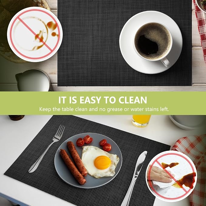 AUAUY Placemats Set of 6 Washable, Non-Slip Heat Resistant Table Mat, Black | 6pcs PVC Vinyl Woven Table Placemats Wipeable for Kitchen Dinning Restaurant, Farmhouse