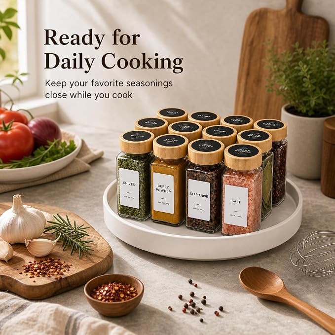 EHME EHME EHME 14 Pcs Glass Spice Jars Bamboo Lids with Lazy Susan Turntable Set, 10 Inch Non-Skid Lazy Susan Seasoning Containers Organization for Kitchen Cabinet Countertop, Spice Label Included.