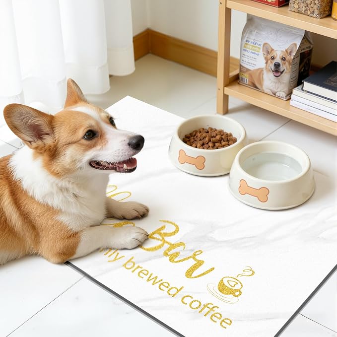 Findosom Dish Drying Mat, 18" x 24" Super Absorbent & Hide Stain Coffee Mat, Cuttable Drying Mat for Kitchen Counter, Coffee Bar Accessories, Under Dish Rack, Coffee Maker, Espresso Machine, White