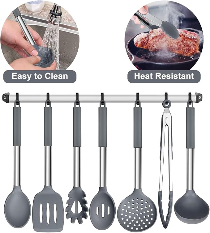 E-far Silicone Cooking Utensils Set, 7-Piece Gray Kitchen Utensils Set | Heat Resistant Nonstick Cookware with Stainless Steel Handle, Slotted Turner, Spoon, Soup Ladle, Pasta Server, Skimmer, Tongs