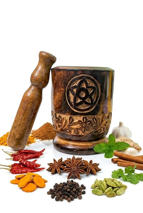 Handcrafted Wooden Mortar and Pestle Set, 7 Inch, Solid Wood Spice Grinder, Decorative Carved Herb Crusher for Kitchen, Seasonings, Garlic and Dry Ingredients