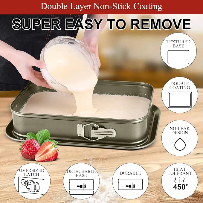 Kenond Large Springform Cake Pan, 14 x 11-Inch Rectangle Cheesecake Pan | Non-Stick Baking Pan Mold Leakproof, Tiramisu Bakeware with 50Pcs Wax Paper, 3Pcs Spatula Set