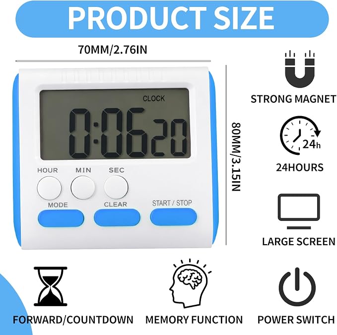 Mudder 3 Pack Digital Kitchen Timer for Cooking, Large Digits, 24 Hour Magnetic Backing Stand Kitchen Timers Clock for Classroom Kids Teachers, Loud Alarm and Large Screen (Blue)