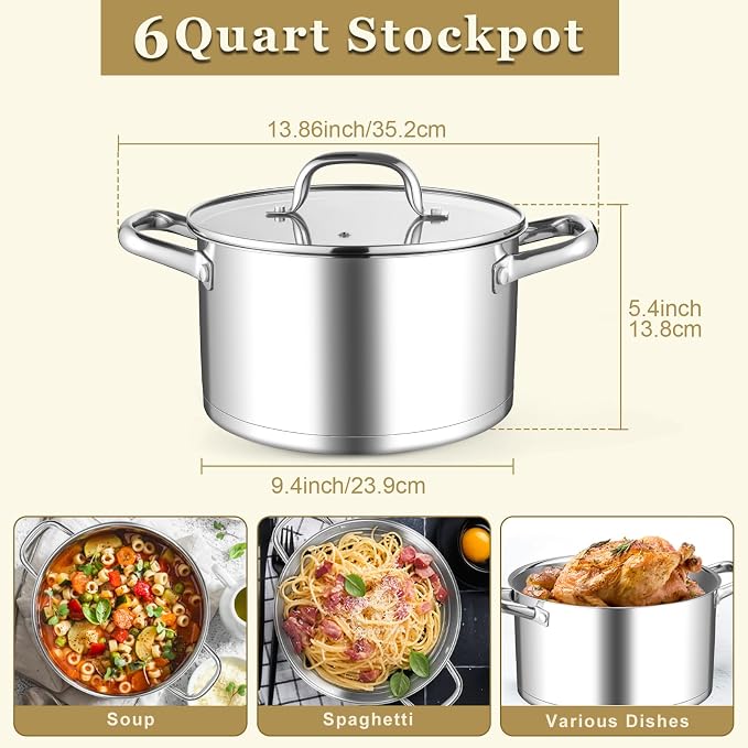 Leonyo 6QT Stock Pot with Lid, Stainless Steel Cooking Stockpots Induction | Visible Lid & 3-Ply Base for All Stoves, Heat-conducting & Heavy-Duty