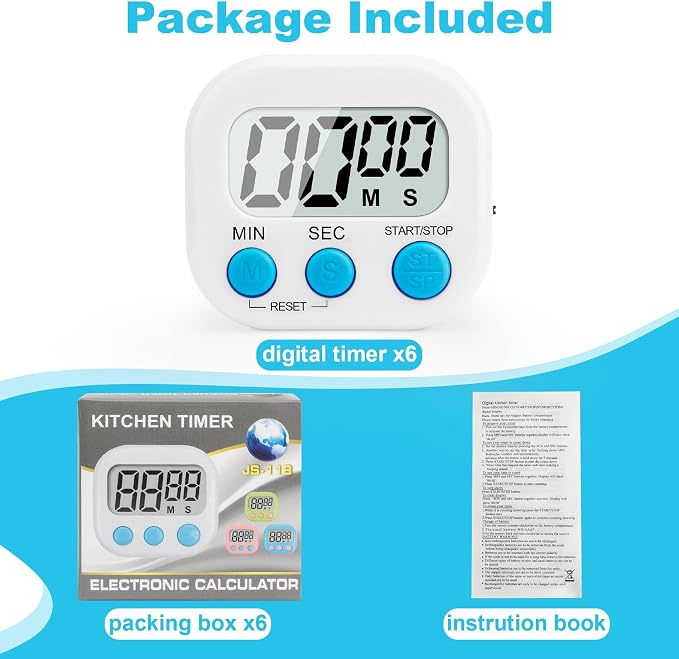 6 Pack Digital Kitchen Timer Multi-Function Magnetic Timers Classroom Timer for Kids Loud Alarm Big LCD Display Electronic Timers for Cooking, Classroom, Exercise, Study, Meeting(Blue, Green, White)