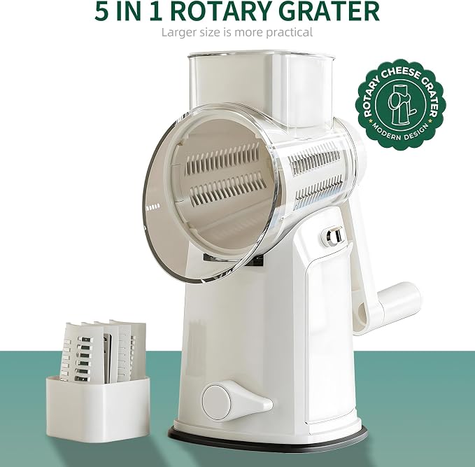 The CoveCarol rotary cheese grater comes with 5 blades and 3 tools: a round mandolin slicer and a food shredder. Suitable for fruits, vegetables, nuts, etc., it includes a blade storage box. (White)