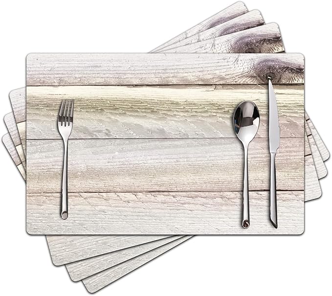 Farmhouse Placemats Set of 4 - Driftwood Faux Leather Heat Resistant Placemat for Dinner Table, Non-Slip Waterproof Oil-Proof Washable Reusable for Indoor Outdoor Kitchen Decor, 15.75In*11.81In