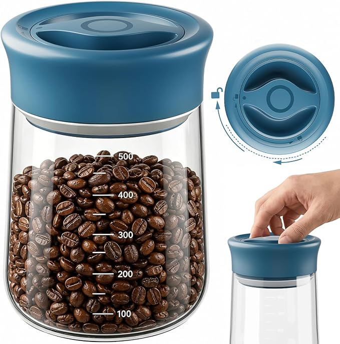 Airtight Glass Storage Jar 16 oz, Easy Open 1/4-Turn Lid Coffee Container | Easy-Open Quarter-Turn Lid, Airtight, Food Grade, Transparency, with Scale