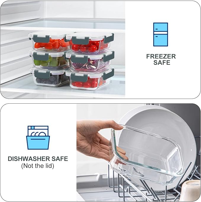 10 Packs 22 oz Glass Meal Prep Containers, Gray | Glass Food Storage Containers with Snap Locking Lids, Airtight Lunch Boxes, BPA-Free, Microwave, Oven and Freezer Safe