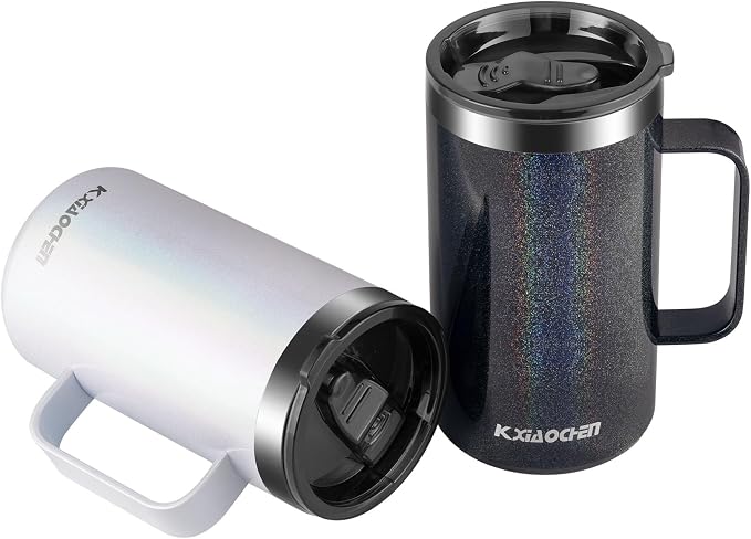 KXIAOCHEN 2-Pack 20 oz Insulated Coffee Mugs, Coffee Cups with Wide Handles | 18/8 stainless steel, sliding lids, 6+ hours hot or 12+ hours cold, wide mouth, no-sweat, for office, home, camping and gifts