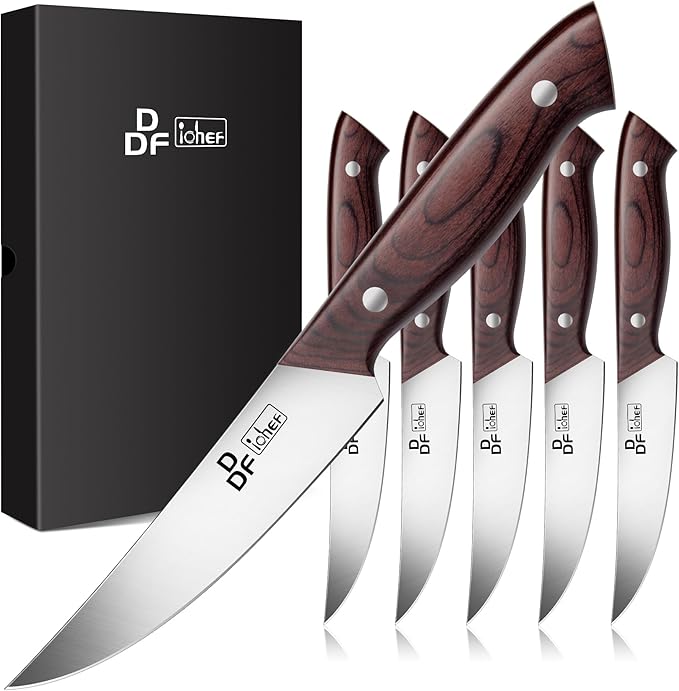 Steak Knives Set of 6, 4.5" Non-Serrated Steak Knife with Pakkawood Handles | Ultra-Sharp Steak Knives High Carbon Stainless Steel, Ergonomic Full-Tang Wooden Handles, for Families & Restaurants