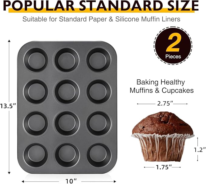 Non-Stick Muffin Pans, Cupcake Pan with Silicone Baking Cups, 2 Pack Non toxic Healthy Muffin tin, Heavy duty-Dark Grey