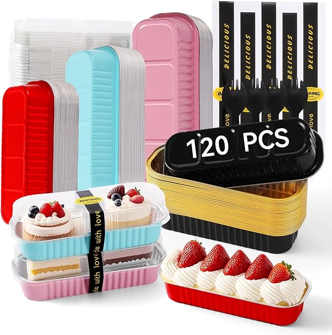 120 Pcs Mixed Color Mini Loaf Pans with Lids and Spoons, 6.8oz Aluminum Foil Baking Pans Versatile for Mini Cake Tins/Loaf Cakes Sturdy Mini Pans with Lids for Baking (120, mixed)
