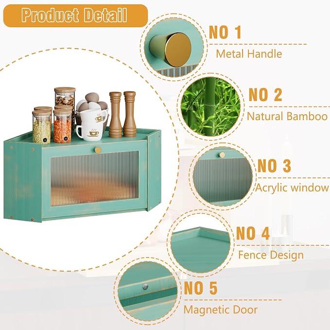 Trironsun Corner Bamboo Bread Box for Kitchen Counter Large Capacity Rustic Bread Storage Container with Wavy Arcylic Transparent Door Vintage Storage for Homemade Bread (Antique Blue)