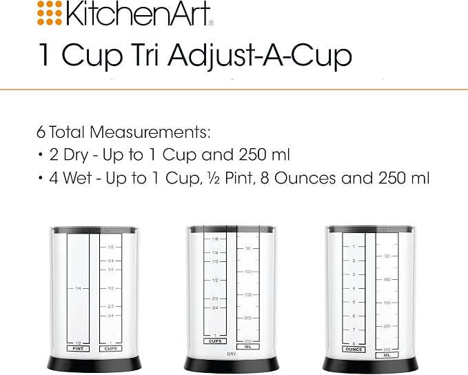 KitchenArt Pro Adjustable Measuring Set, TBL, TSP & 1 Cup Measuring Cup | Adjustable Teaspoon, Tablespoon & Measuring Cup Set | All In One Kitchen Measuring Set | Reduce Clutter | Easy Read Markings