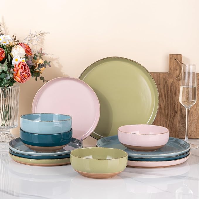 AmorArc Dinnerware Sets for 4, 12 Pieces Ceramic Plates and Bowls Set | Scratch Resistant Stoneware Dishes Set, Dishwasher & Microwave Safe, Colorful