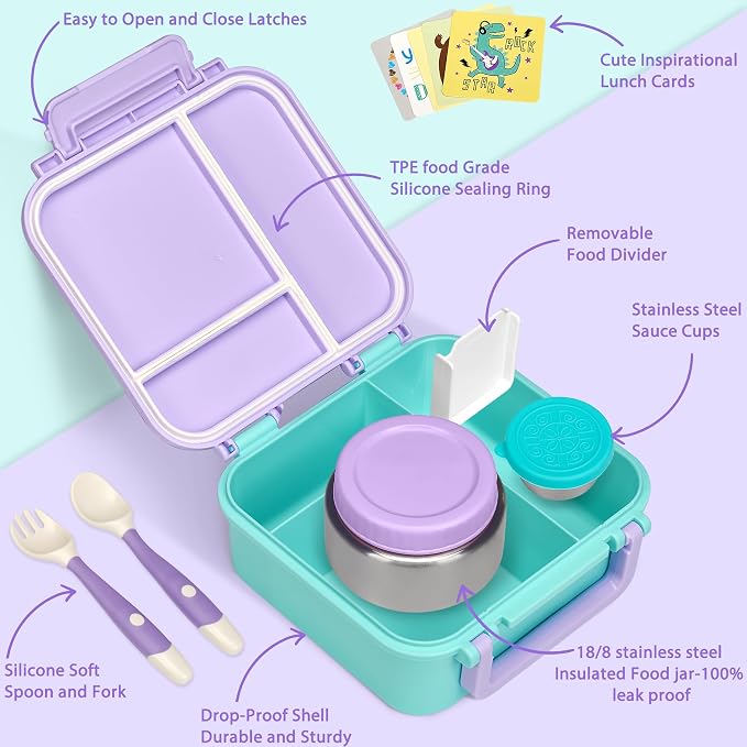 Kids Bento Lunch Box with 9oz Soup Thermo Leakproof Lunch Food Containers 4 Compartment with Insulated Hot Food Jar for Kid Toddler Girls Boys to School, Trvael