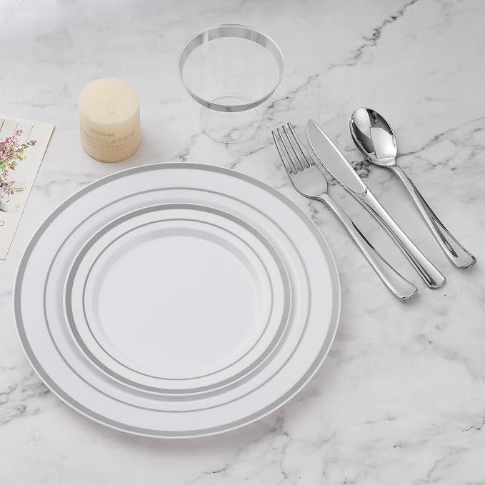 BESTVIP 600PCS Silver Dinnerware Set for 100 Guests, Plastic Plates for Party, 100 Silver Disposable Plates, 100 Dessert Plates, 100 Cups, 100 Spoons, 100 Forks and 100 Knives | Plastic Plates for Party, 100 Silver Disposable Plates, 100 Dessert Plates...