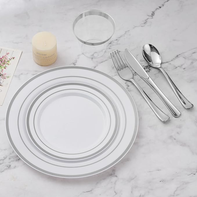 BESTVIP 900PCS Silver Dinnerware Set for 150 Guests, | Plastic Plates for Party, 150 Gold Disposable Plates, 150 Dessert Plates, 150 Cups, 150 Spoons, 150 Forks and 150 Knives