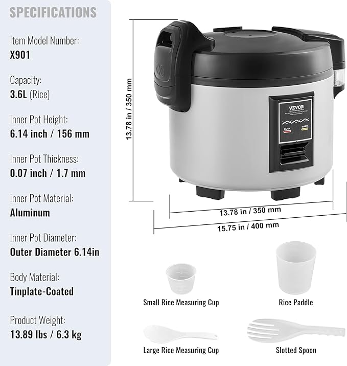 VEVOR Commercial Rice Cooker, 20-Cup Rice Cooker, 3.6L Large Rice Cooker and Warmer with Nonstick Inner Pot, Fast Cooking and 12-Hour Keep Warm, with Rice Cup and Paddle, cETL Approved