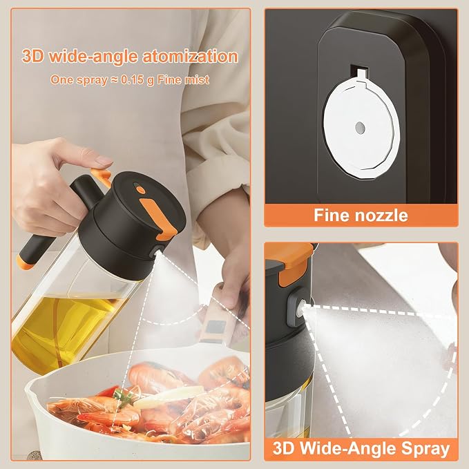 650ml/22oz Oil Sprayer for Cooking, 2 in 1 Glass Olive Oil Sprayer, Food Grade Premium Spray Bottle for Salad, Frying, BBQ 2026 Upgrade (Dark Gray)