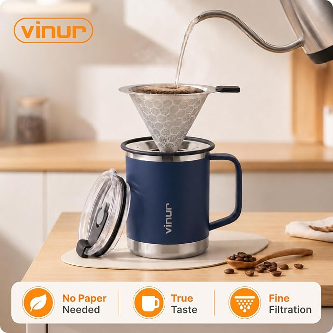 Pour Over Coffee Maker-12 oz Insulated Mug With Stainless Steel Filter | Stainless Steel Double Wall Vacuum Insulated Coffee Maker With Stainless Steel Filter for Home, Camping, Office (Slate Blue)