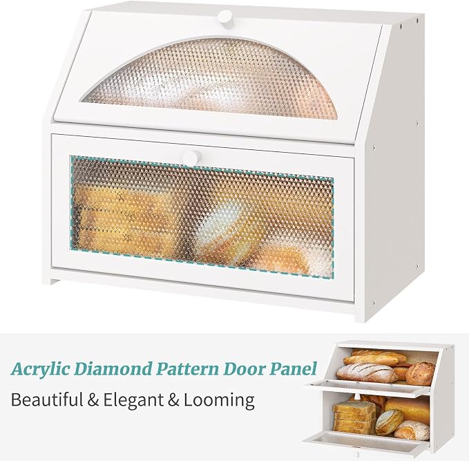 White Bread Box, Bamboo Wood Bread Box for Kitchen Counter, Double-layer Bread Storage Bin, Acrylic glass with Diamond Patterns (White, Large)