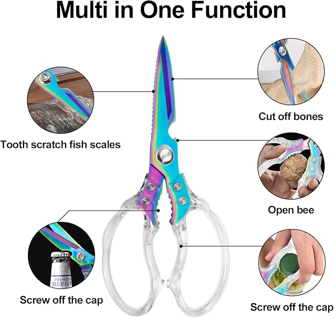 CGBE Kitchen Scissors, Multi-Purpose Kitchen Shears, Heavy Duty Food Scissors for Chicken, Poultry, Fish, Meat & Herbs with Non-Slip Grips (Transparent Colorful)