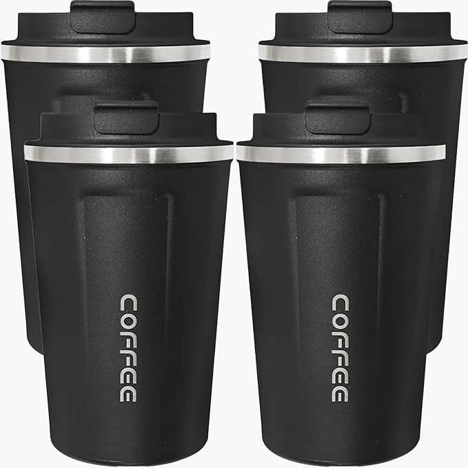4 Pack Travel Coffee Mug 17oz Insulated Coffee Cup with Lid, Reusable Thermal Coffee Cup Stainless Steel Coffee Tumbler to Keep Hot & Cold Drinks for Car, Daily, Travel and Gifts, Black