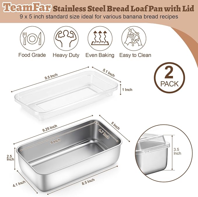 TeamFar Loaf Pan for Baking Bread, 9 x 5 Inch Bread Pan with Lid, Set of 2 | Stainless Steel Meatloaf Pan Tin for Homemade Bread, Brownies, Meal Prep, Storage, Healthy & Dishwasher Safe