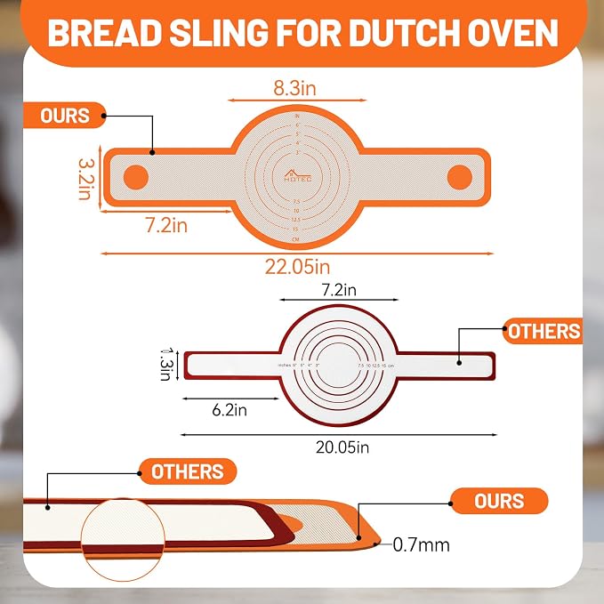 HOTEC 2 Pcs Silicone Bread Sling for Dutch Oven, 0.7MM Thickened Heat Resistant to 500°F Non-Stick Baking Mat with Long Handle Easy to Transfer Sourdough Bread, Dutch Oven Liners Baking Supplies