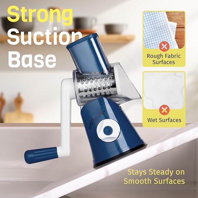 Cheese Grater Hand Crank, Rotary Cheese Shredder with 3 Interchangeable Blades for Coarse, Fine Shredding and Slicing, Strong Suction Base for Pizza, Pasta, Salad, Vegetables, Nuts, Chocolate