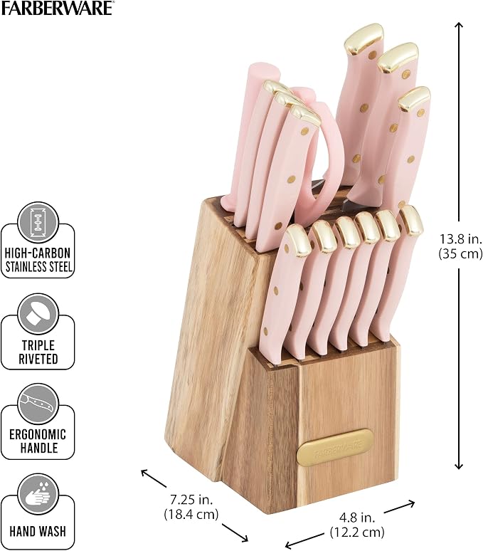 Farberware 15-Piece Knife Block Set with Black Soft-Grip Handles and Graphite Block - Kitchen Knife Set with Chef Knife, Steak Knives, Shears and Sharpening Steel