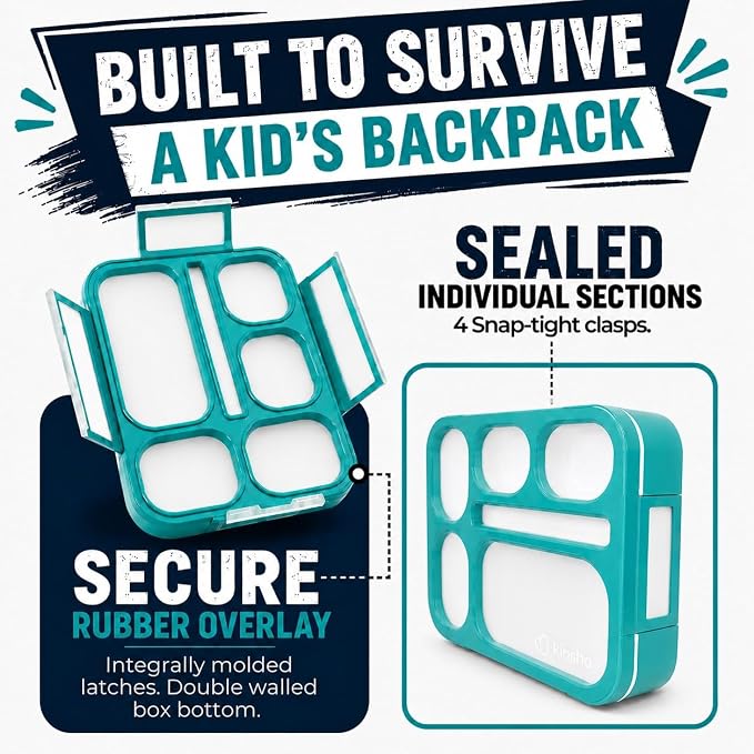 kinsho Bento Box Lunch-Box Containers for Kids, Adults | 6 Compartment Lunch-Boxes | Leakproof School Bentobox, Snack or Meal Portion Container | BPA-Free, Teal