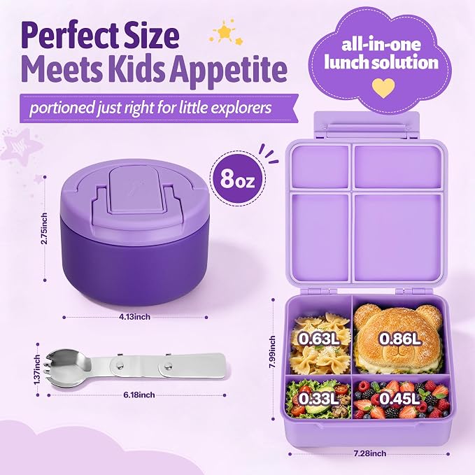 Bento Lunch Box Set for Kids with 8 oz Soup Thermo, Leakproof Hot Food Container with 4 Compartments, Insulated Food Jar for Toddler Daycare Boys Girls School - Purple