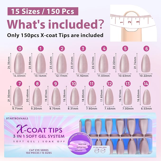 BTArtboxnails XCOATTIPS Cat Eye Press On Nails, Medium Almond, Falling Star | Lamp-Curable 4-Week Wear, Salon Quality Value at Home, Natural Nail Look, Easy-to-Apply for Beginners, 150ct Nail Tips Only