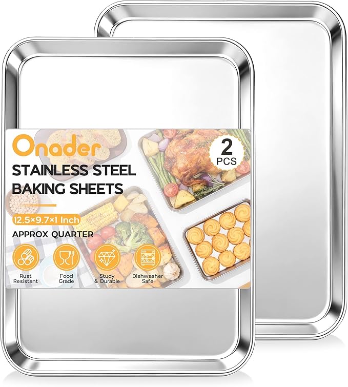Onader Baking Sheet Set of 2, 12.5" x 9.7" Food-Grade Stainless Steel Quarter Sheet Pans for Baking, Metal Cookie Toaster Oven Pan Tray, Heavy Duty & Dishwasher Safe