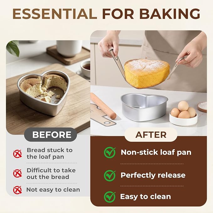 6 Inch Heart Shaped Cake Pan Set with Reusable Silicone Baking Mat（2 Pack） | Aluminum Heart Cake Mold with Silicone Sling, Nonstick, Heat Resistant, Easy to Clean & Release, for Kitchen Birthday Wedding